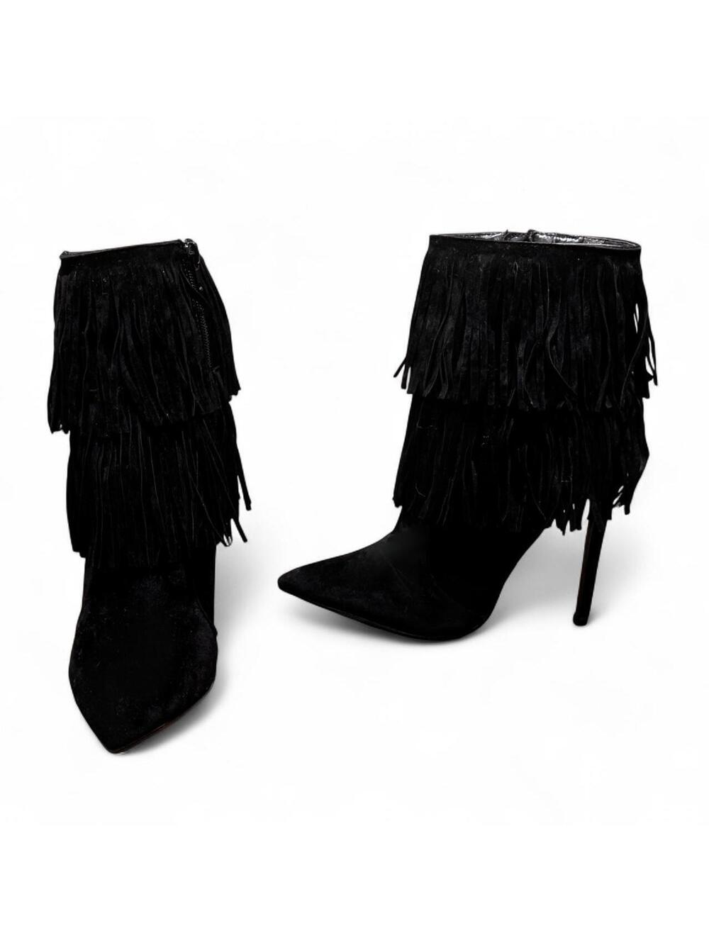 Black faux suede fringe ankle stiletto boots #stilettobooties